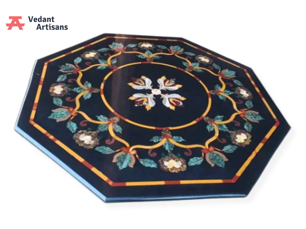 Octagonal Black Marble Side Table : Floral Pietradura Inlay Design